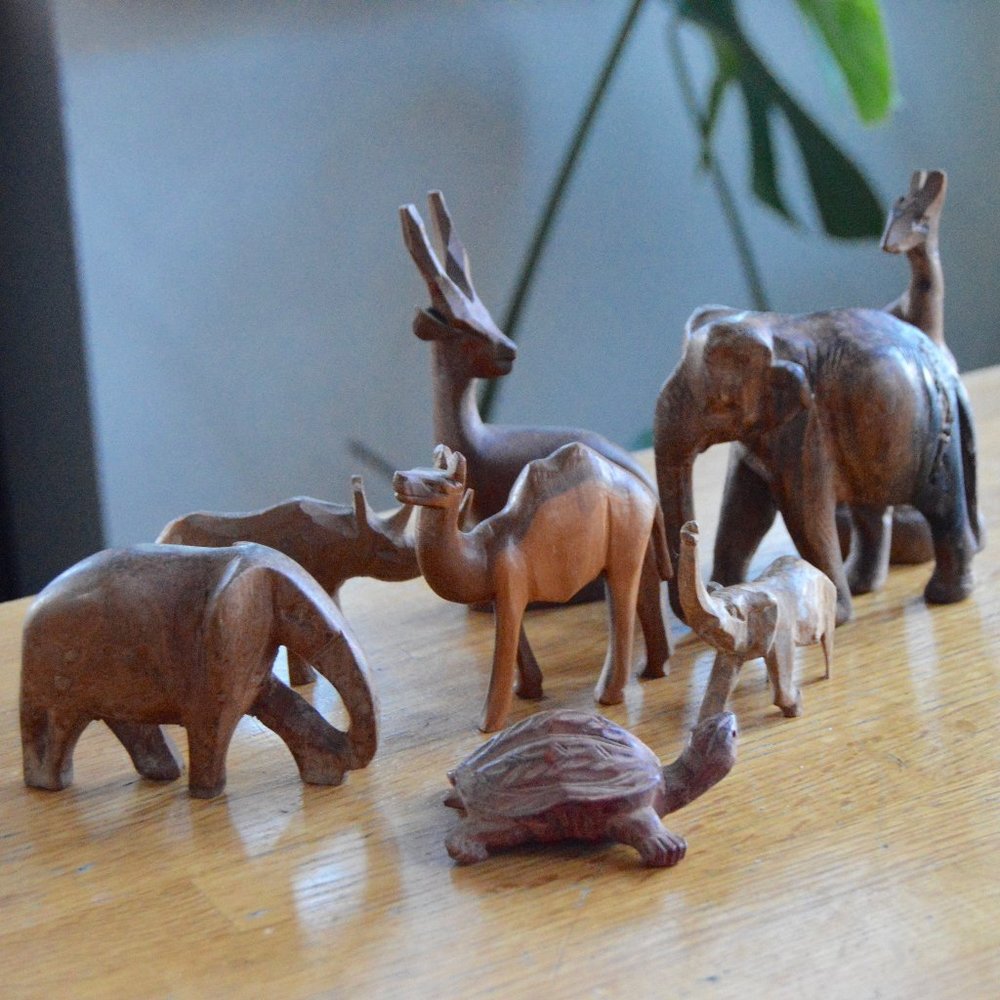 Set of 8 Hand Carved Wooden Animals - Elephant, Turtle, Gazelle, Camel etc